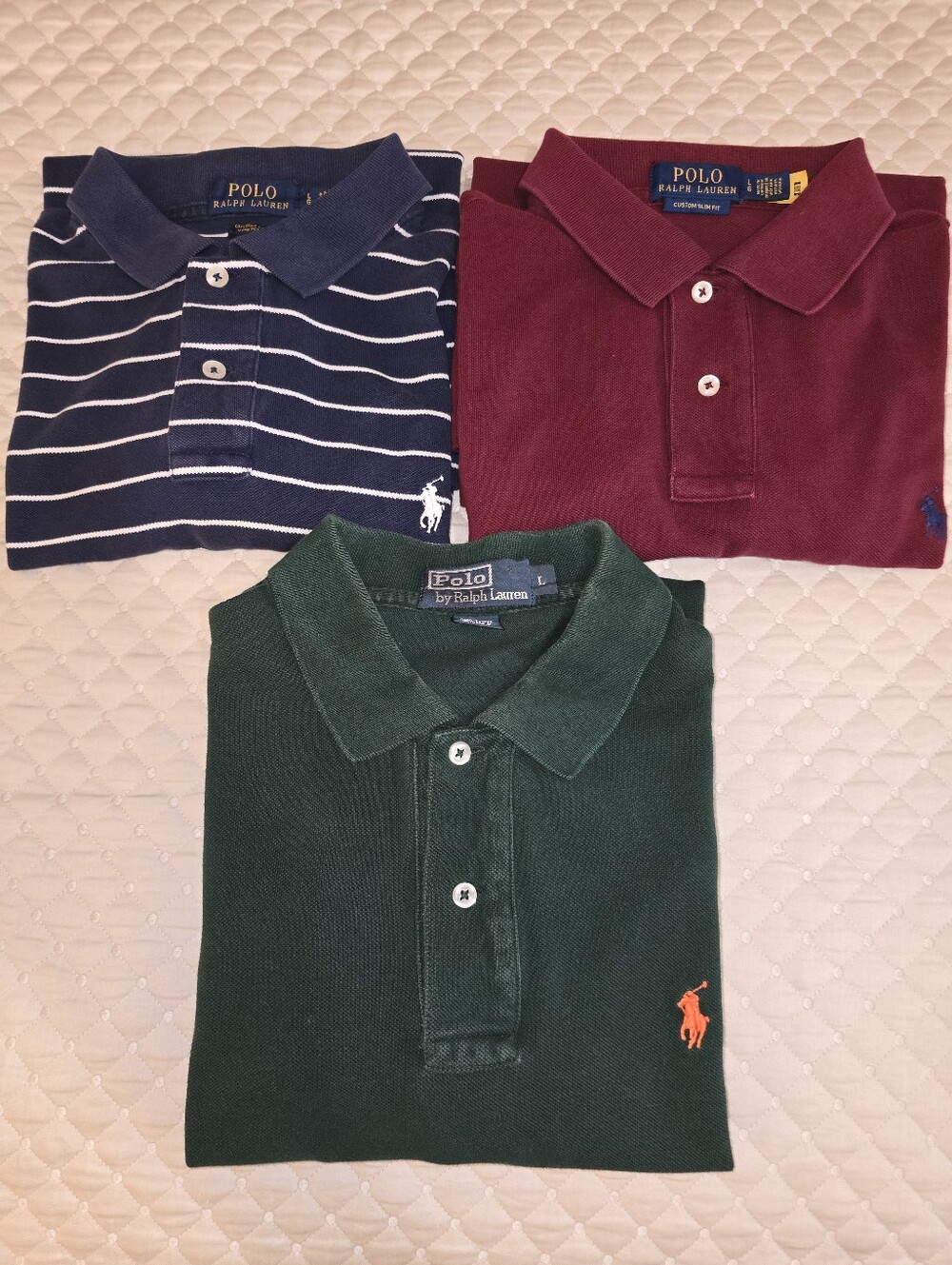 Lg- (3) Ralph Lauren Mens Polo Trio in Navy Stripe, Forest Green & Burgundy.